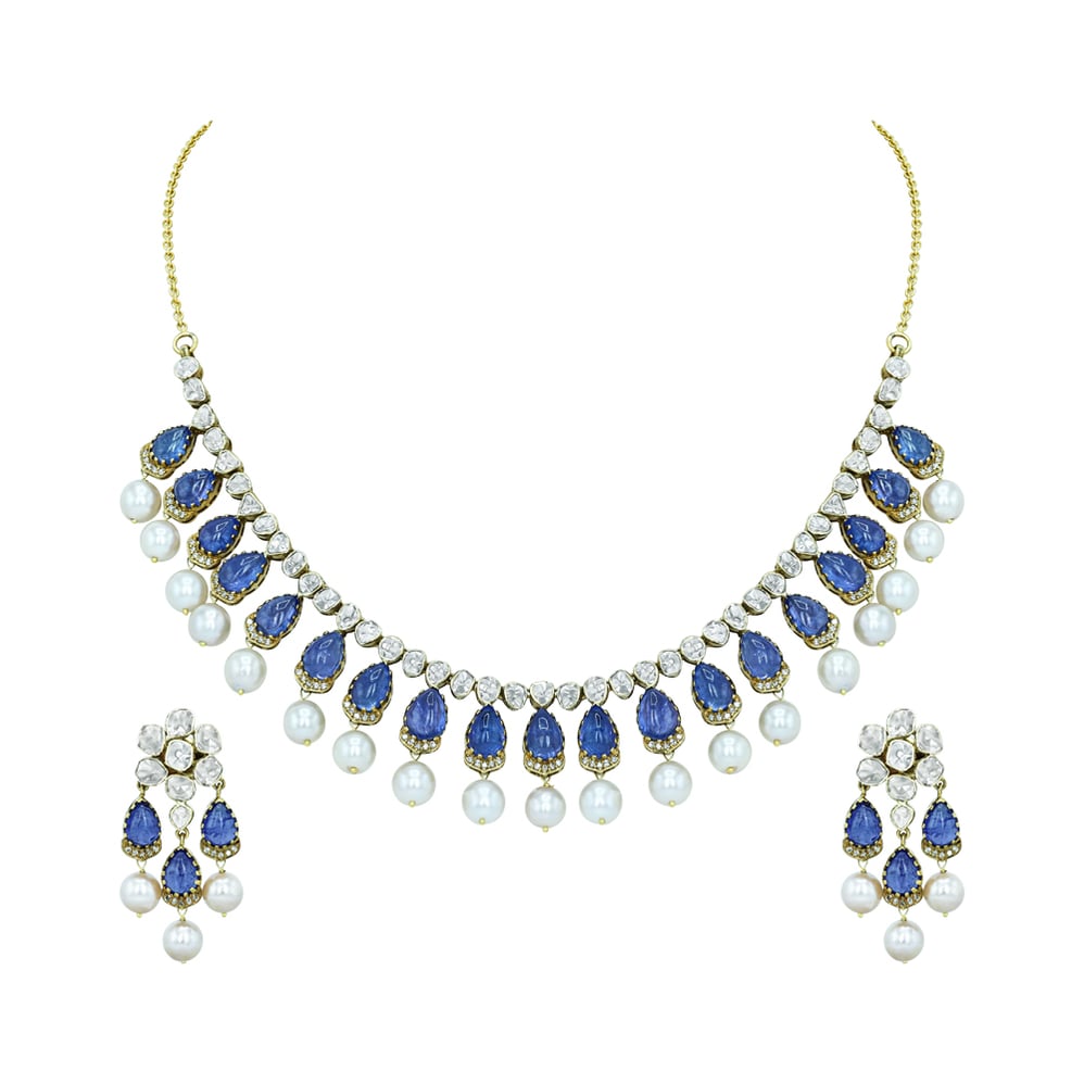 Tanzanite Necklace Set with Polki Diamonds and Pearl Drops